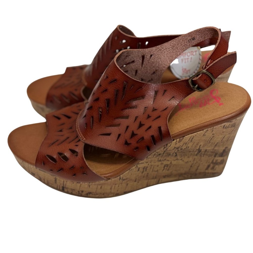 Jellypop Freya Sandals Cork Wedge Brown Strappy Platform Faux Leather Size 11